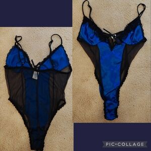 Vtg 80's Midnight Hour Satin & Sheer Lingerie Bodysuit w Bow, Lace Trim, Hi Cut